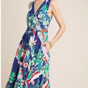 Maeve Dress Womens 4P Navy Floral Surplice V-Neck Sleeveless Faux Wrap Pockets